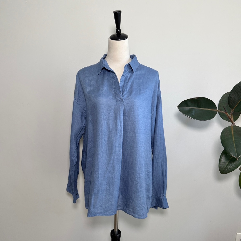 Uniqlo Linen Collared Popover Long Sleeve Lagenlook Classic Shirt Womens XL